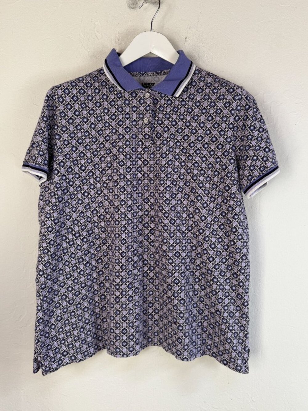 Lands End Womens XL Short Sleeve Polo Shirt Floral Pattern Cotton Blend Purple
